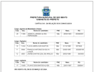 Prefeitura de São Bento convoca mais aprovados em Concurso Público
