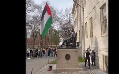 Estudantes radicais hasteiam bandeira da Palestina em espaço onde fica a bandeira dos EUA em Harvard